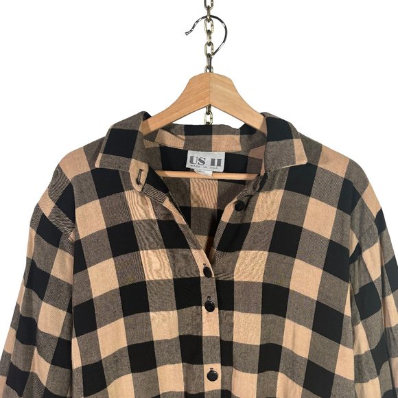 vintage 90s buffalo plaid rayon button shirt M black tan blouse top USA vtg - Picture 8 of 10